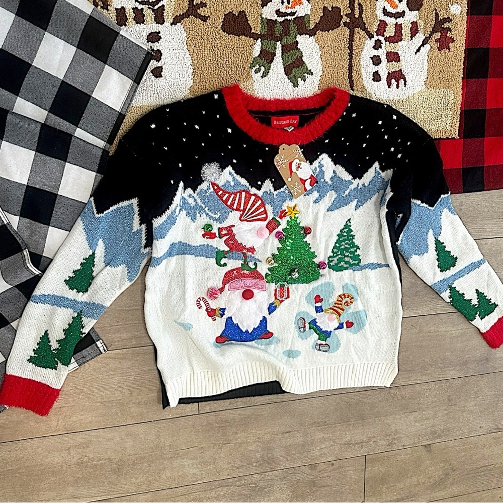 New Blizzard Bay Women’s Ugly Christmas Sweater Size Medium Gnomes Santa Trees